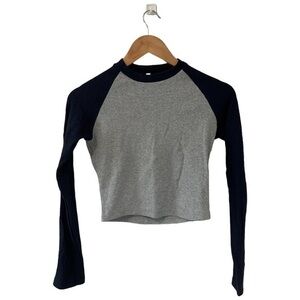 New‎ Women Blue/Grey Long-Sleeve Crew Neck Raglan Crop T-Shirt